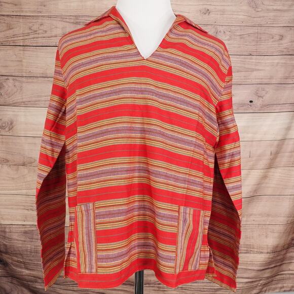 The J Peterman Company Shirt Mens Large Red Stripe Cotton Pullover Pockets - Picture 3 of 10